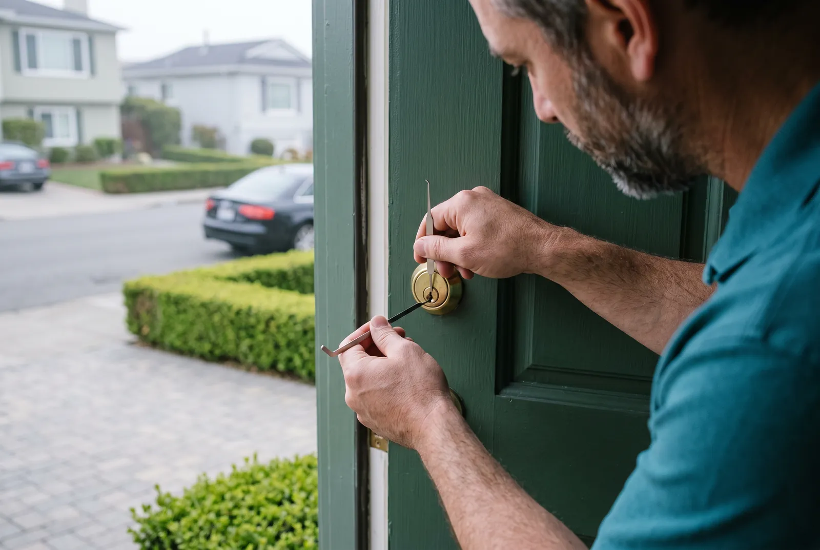 A hand turning a brass key in the cylinder of the narrow door beside a garage at pavement level, the concrete apron below and fog in the street behind